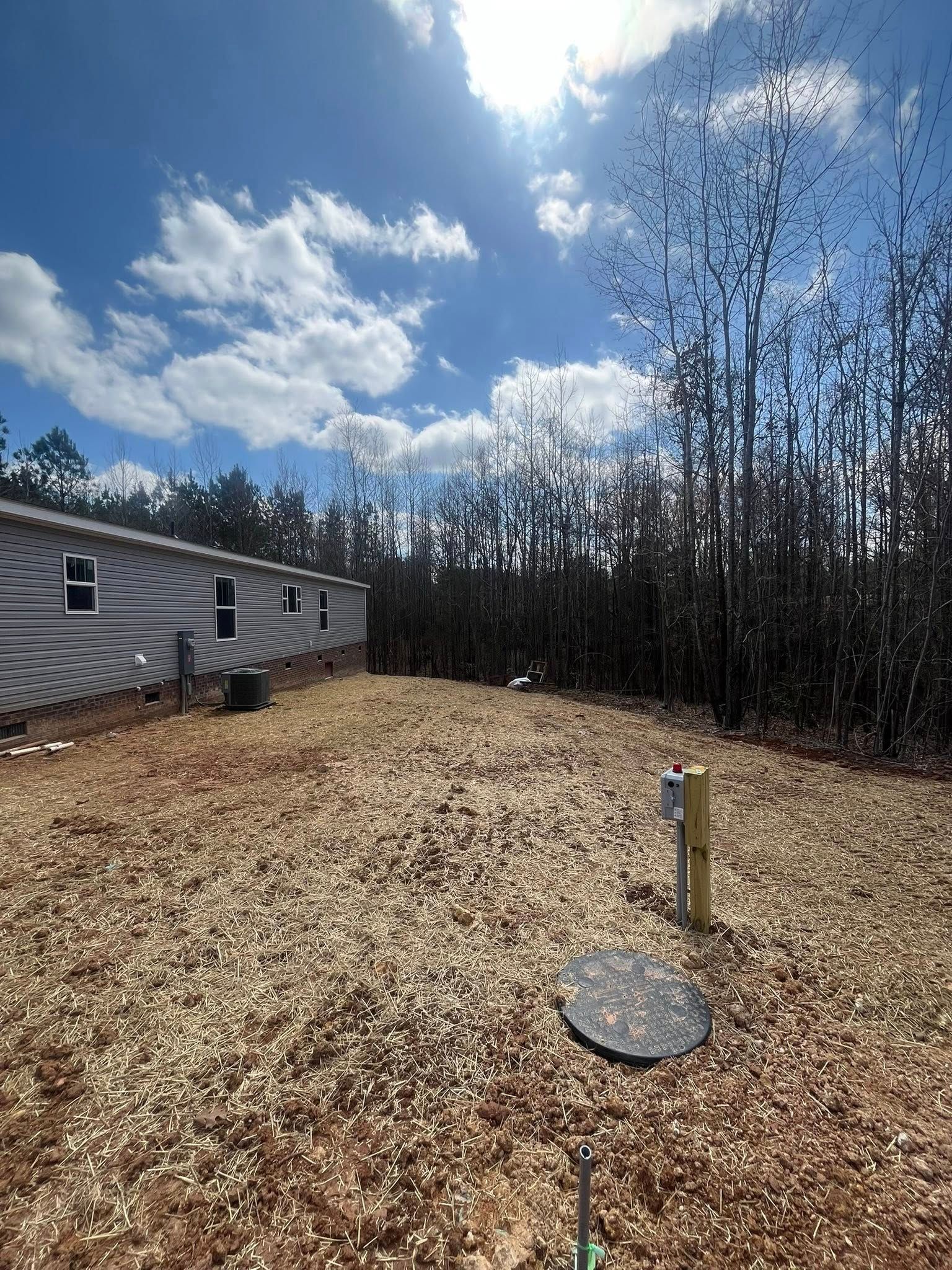 Dry backyard beside a house with a stump, leaf-covered ground, and trees under a bright cloudy sky