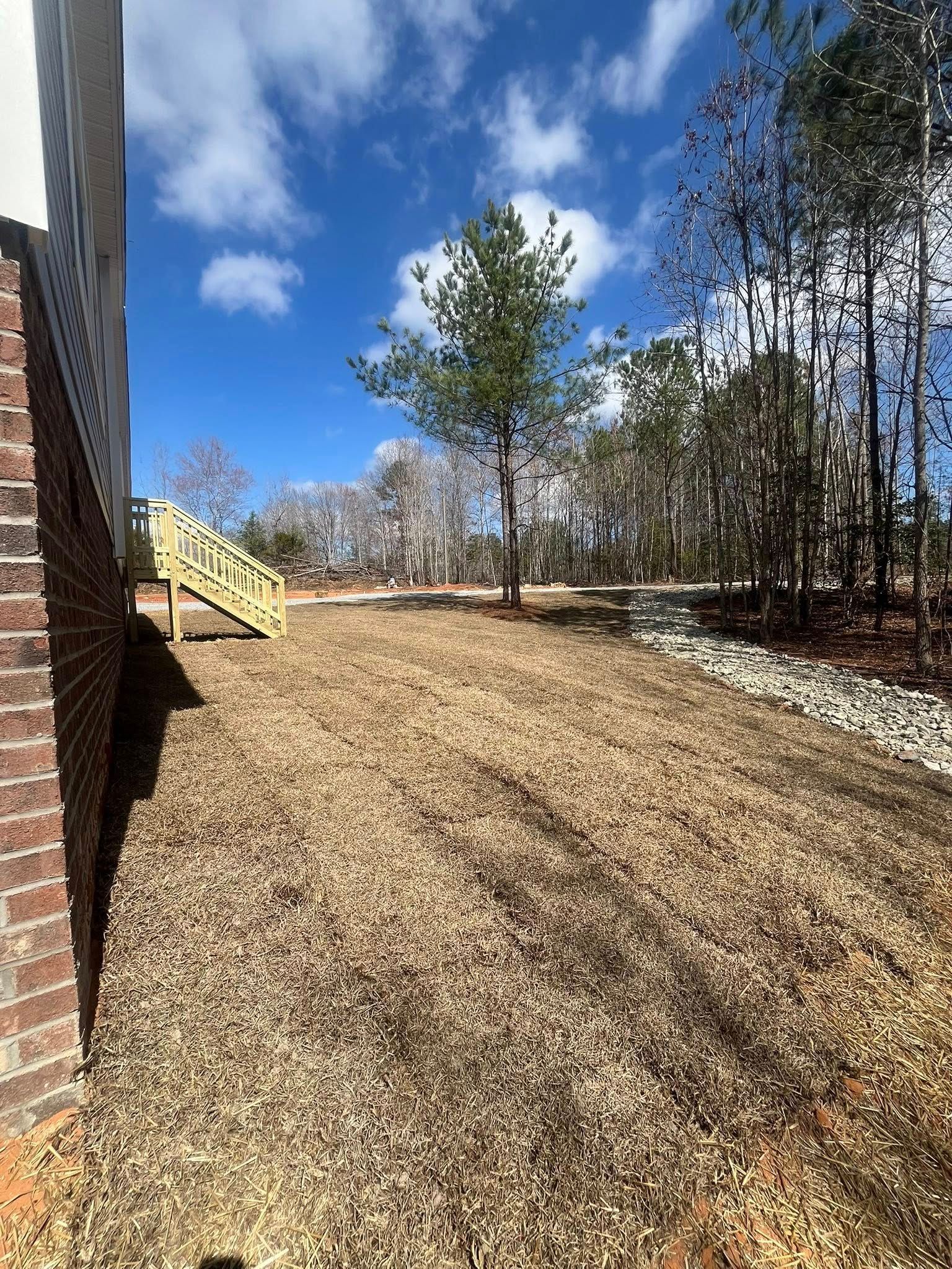 Brick house beside a leaf-covered yard with a yellow staircase and tall trees under a blue sky