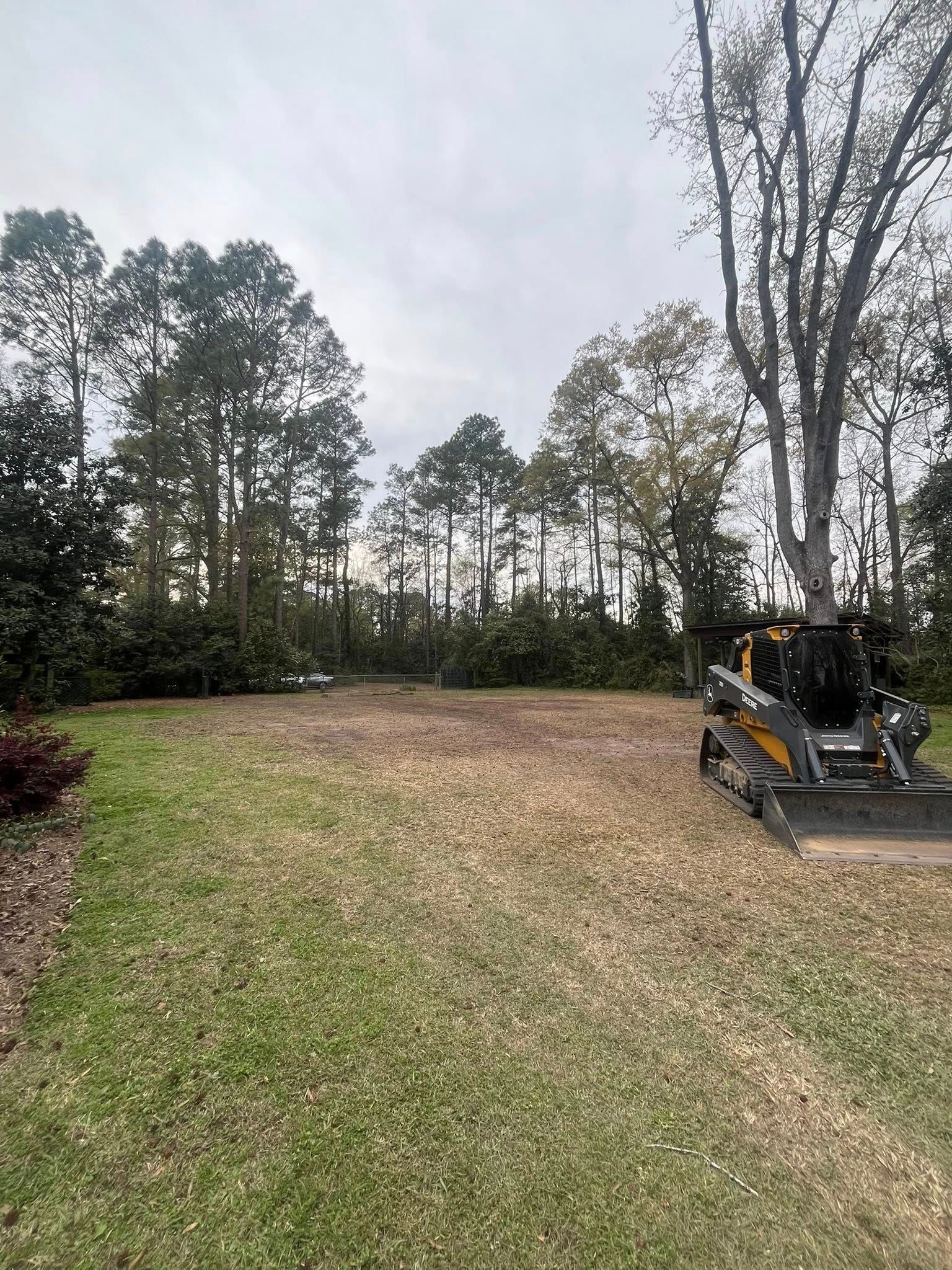 Grassy backyard with trees and a parked lawn mower on the right under an overcast sky