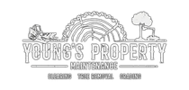 Young’s Property Maintenance logo with rainbow, lawn mower, tree, and curb appeal text