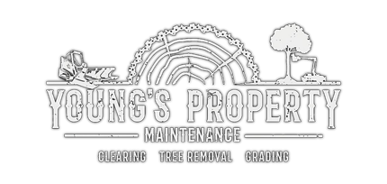 Young’s Property Maintenance logo with rainbow, lawn mower, tree, and curb appeal text