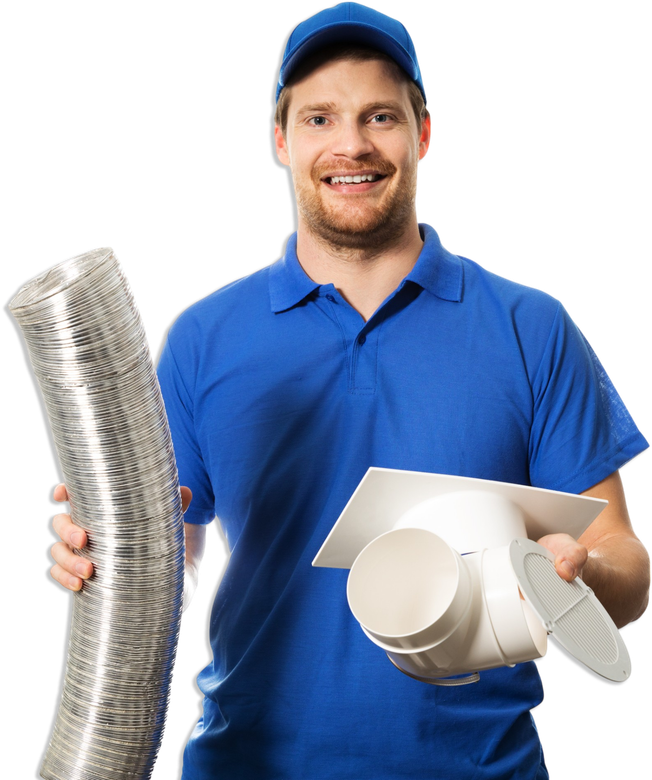 A man in a blue shirt is holding a hose and a duct