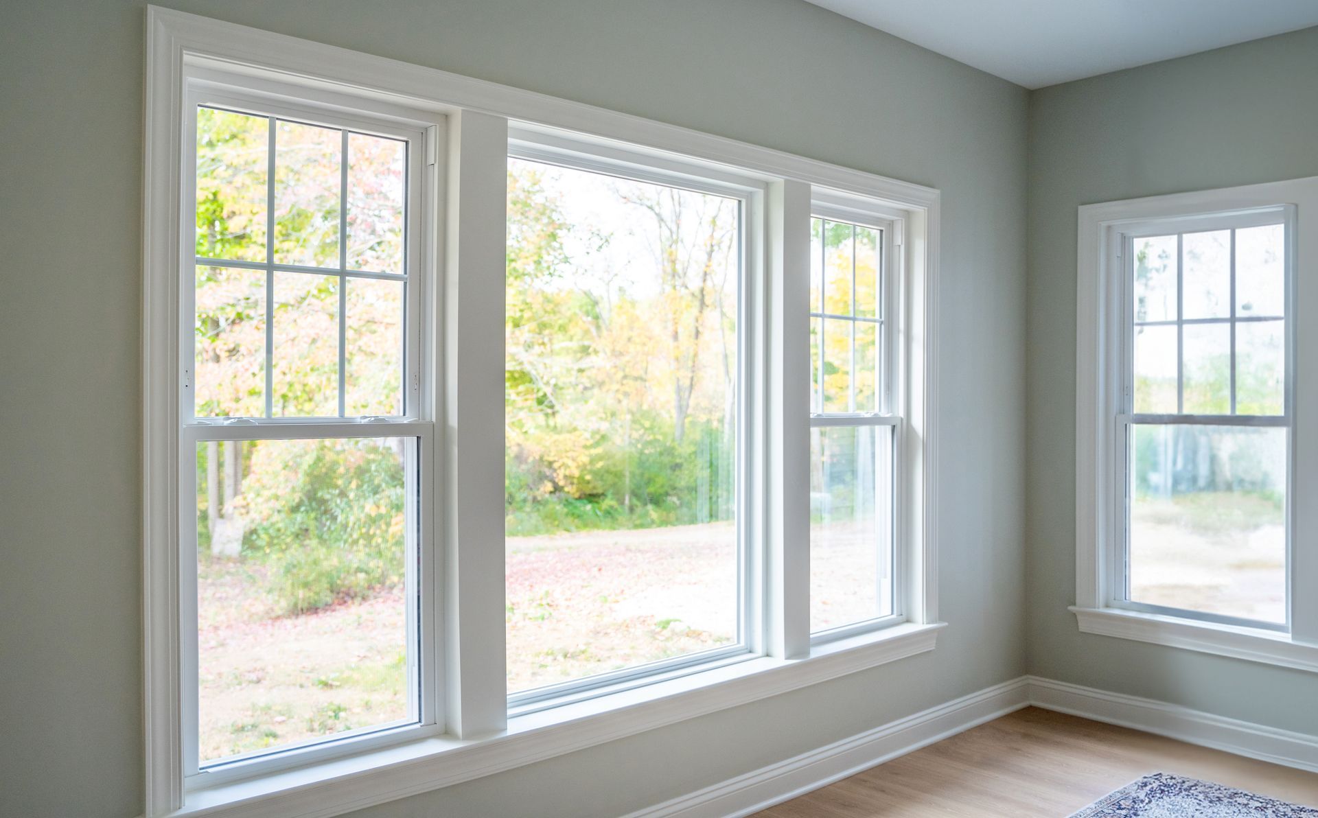 A room with a lot of windows and a rug on the floor.