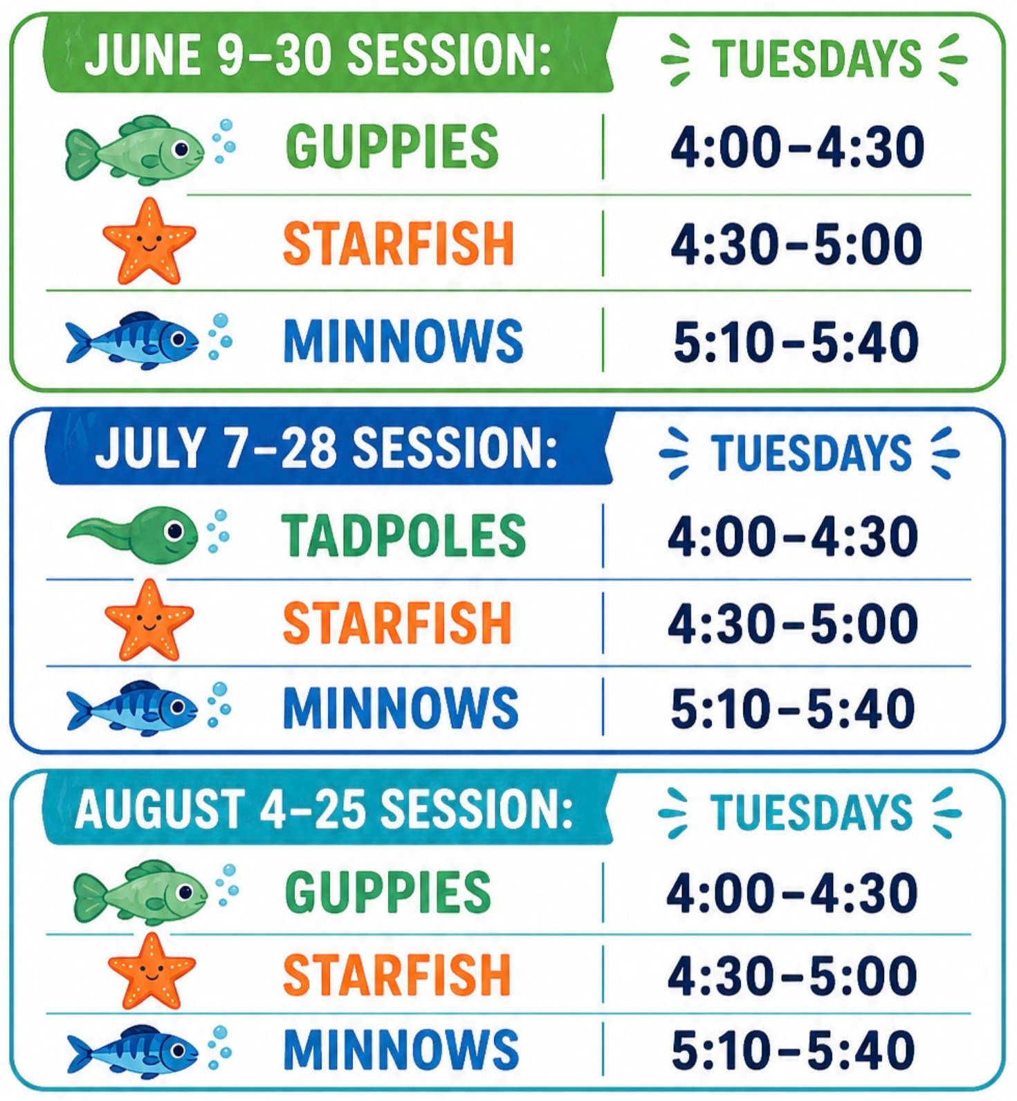 Summer swim class schedule for guppies, tadpoles, starfish, and minnows with Tuesday times in June, July, and August