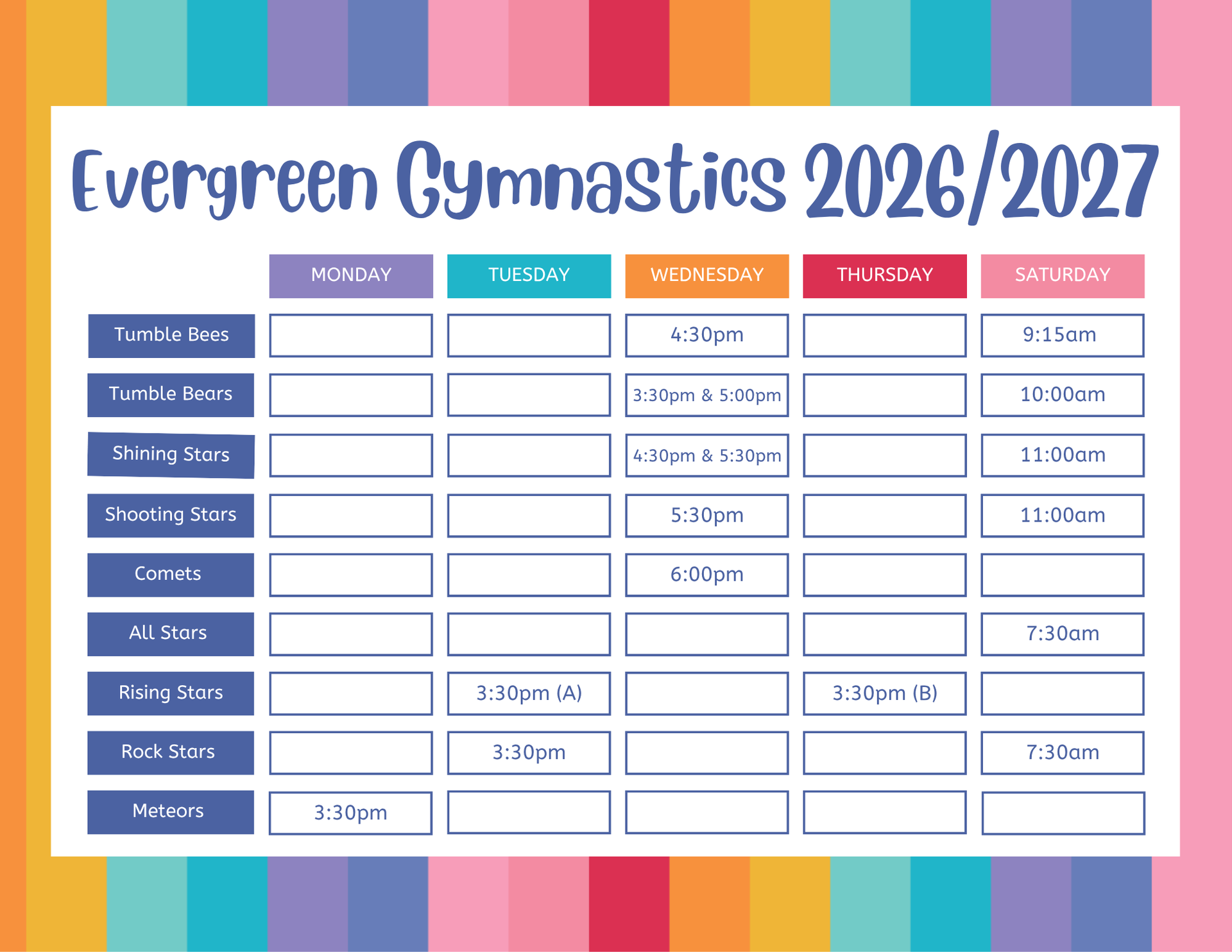 Evergreen Gymnastics 2026/2027 class schedule chart with colored columns and rainbow border