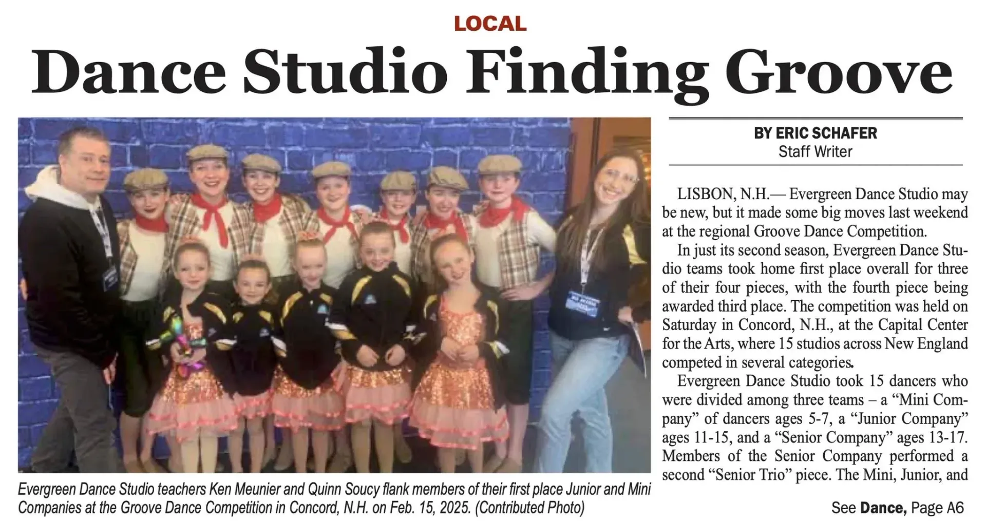 Dance Studio Finding Groove newspaper clipping with a group performance photo and article text