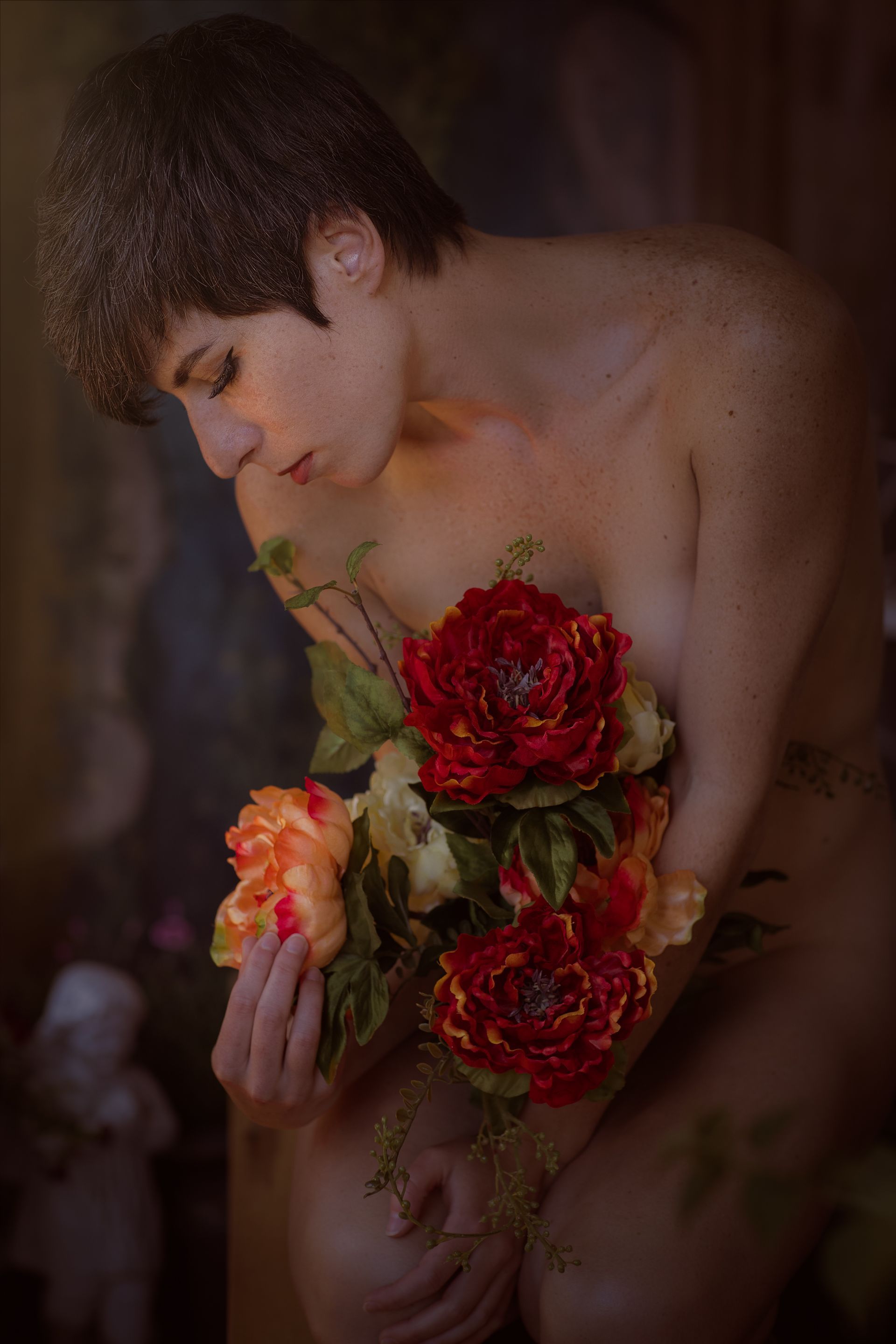 Woman, flowers, fine art, implied