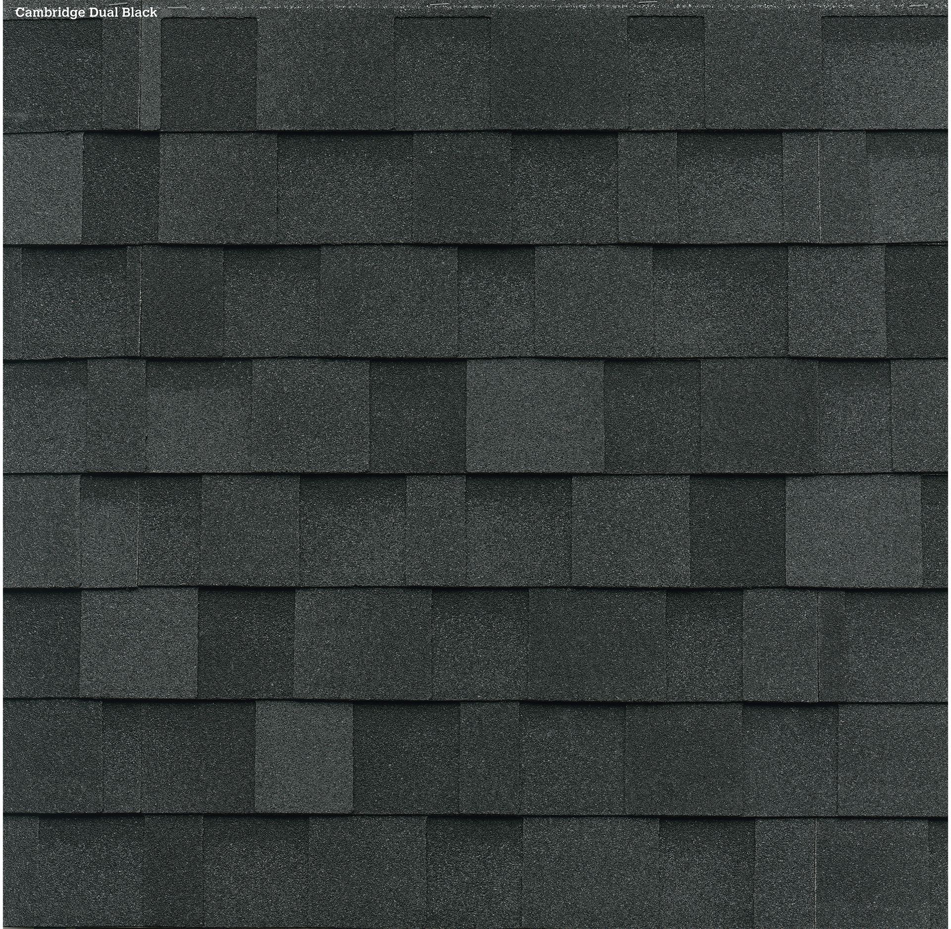 A sample of charcoal-colored, architectural asphalt roof shingles with a layered, textured pattern.