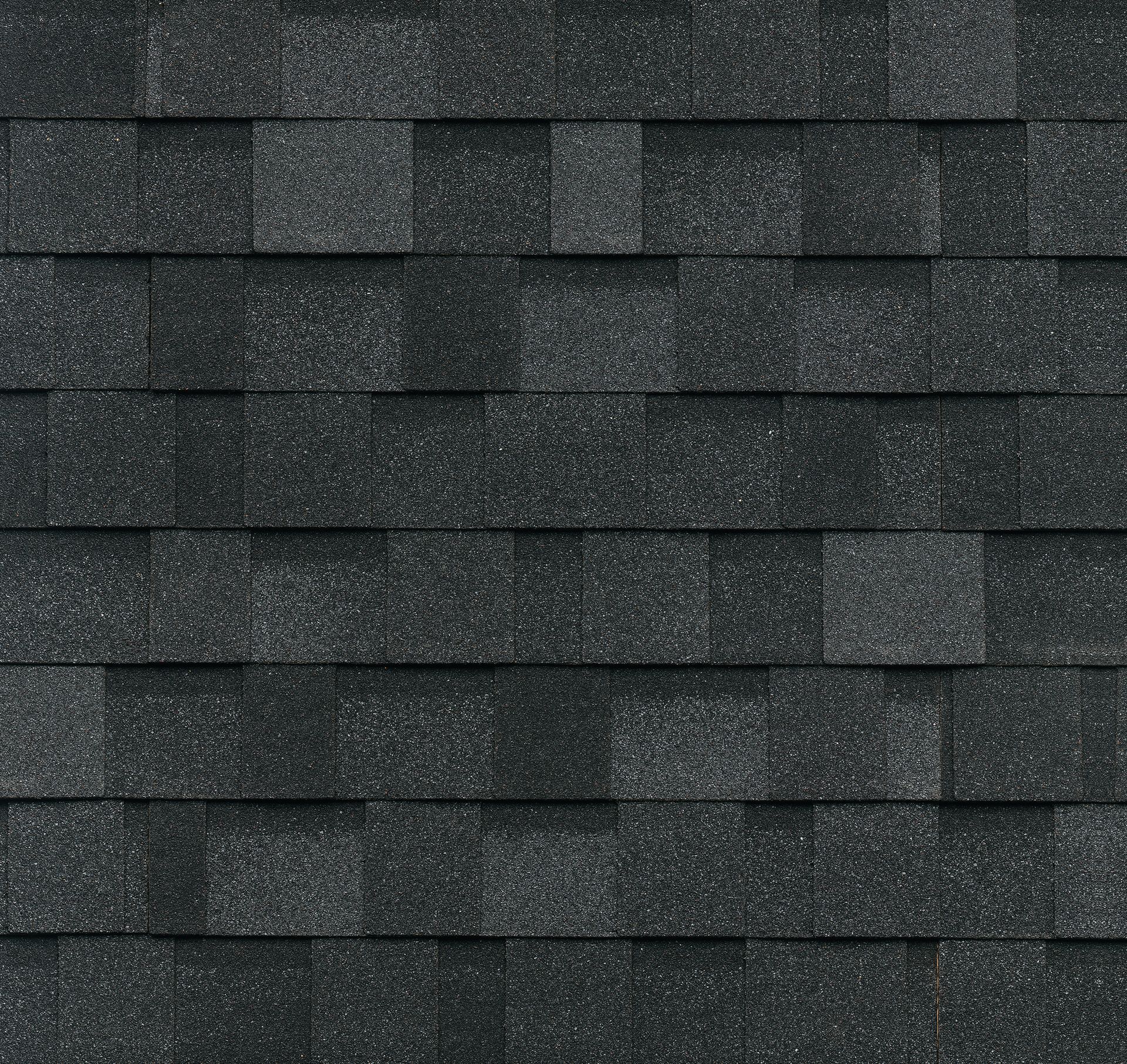 A close-up, top-down view of black architectural roof shingles with a varied, textured pattern.