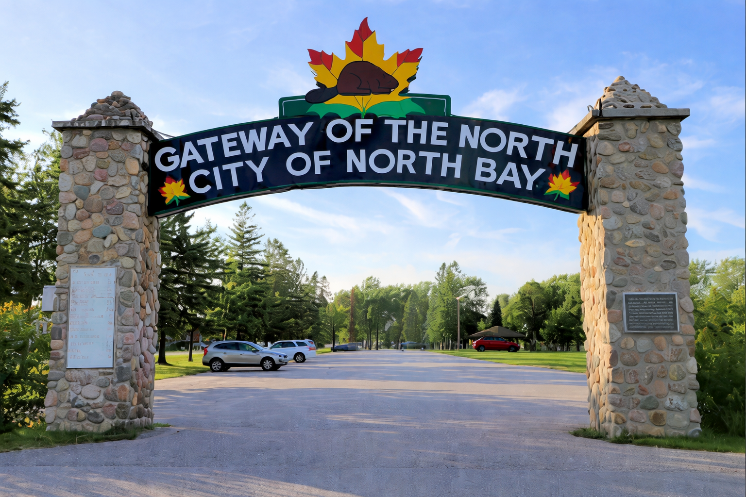 Gateway of the North City of North Bay arch over a parking area with stone pillars and autumn leaves