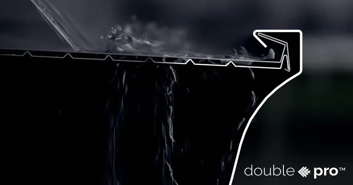 Cross-section of black gutter with water flowing over edge. White outline emphasizes the design.