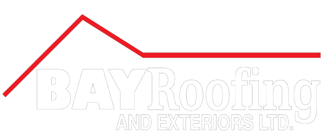 Logo for Bay Roofing, featuring a red roof outline above the text "BAY Roofing".