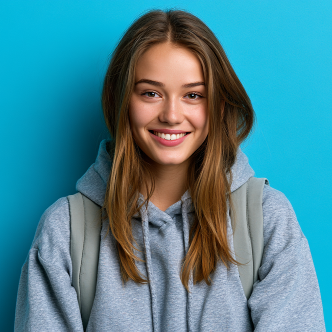 Smiling person in a gray hoodie with backpack against a bright blue background