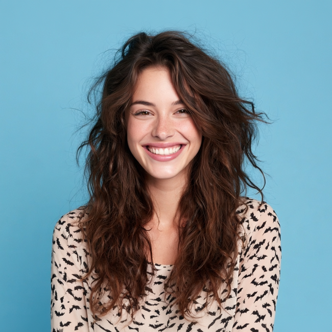 Smiling person with tousled brown hair wearing a patterned top against a blue background