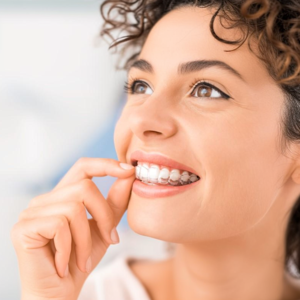 Close-up of a smiling person flossing their teeth with a clean, bright background