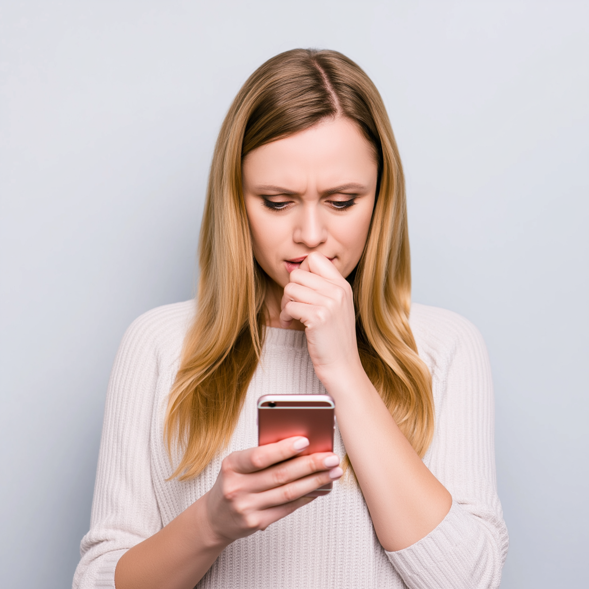 Woman biting nails, looking at a smartphone with a worried expression.