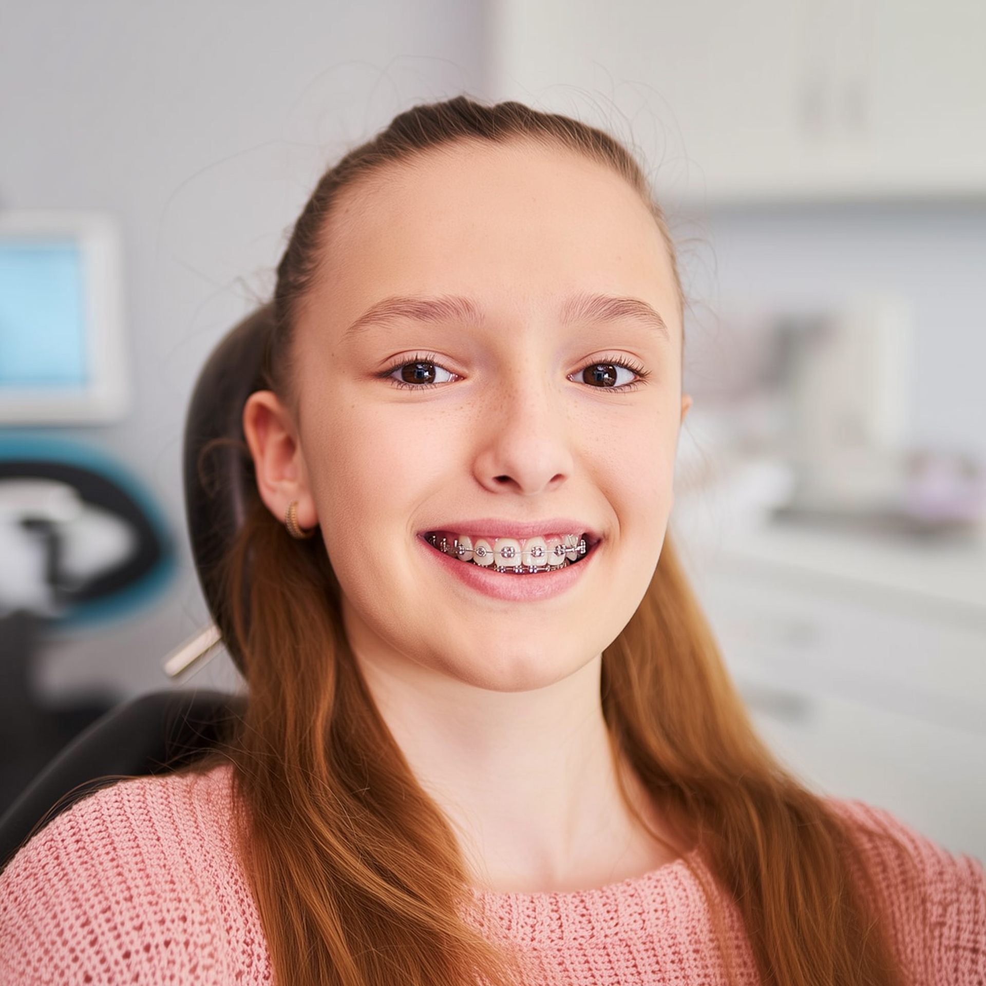Smiling person with braces in a dental chair.