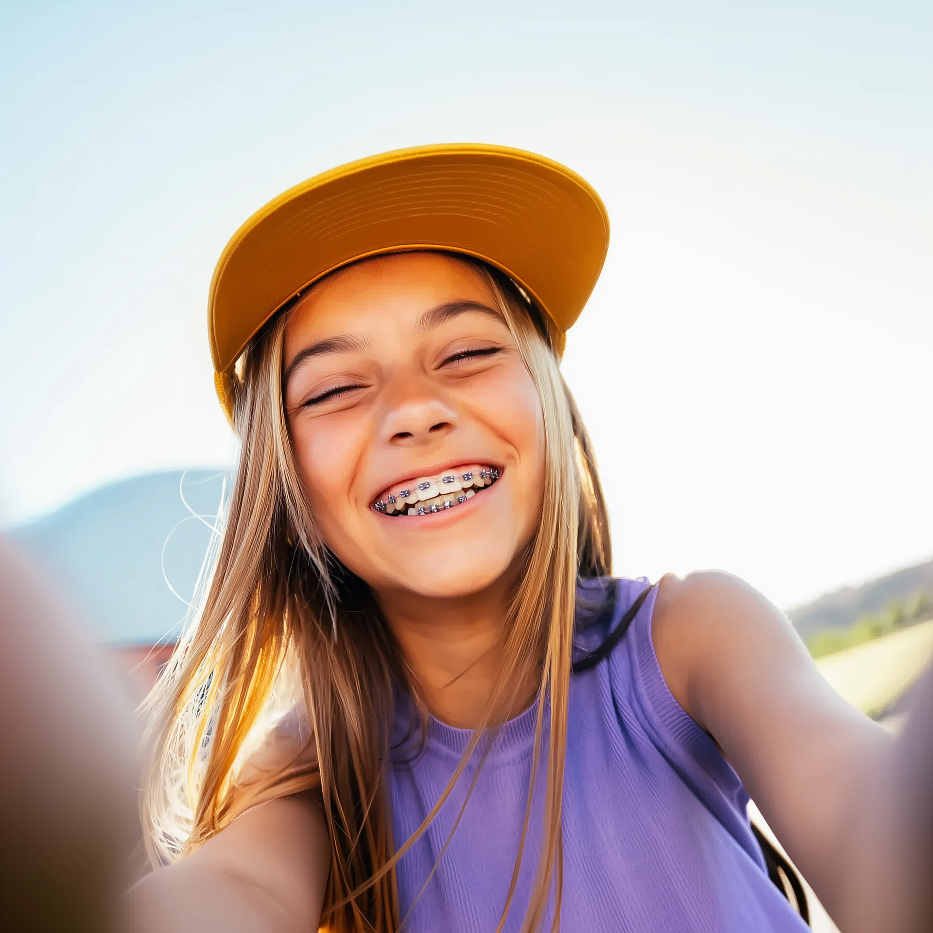 Smiling person in a yellow cap and purple top taking a selfie outdoors in bright sunlight
