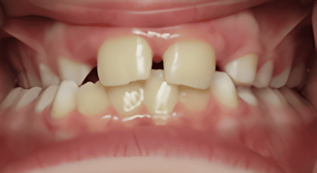 Close-up view of a child's mouth, showing upper and lower teeth, with a gap between the two front upper teeth.