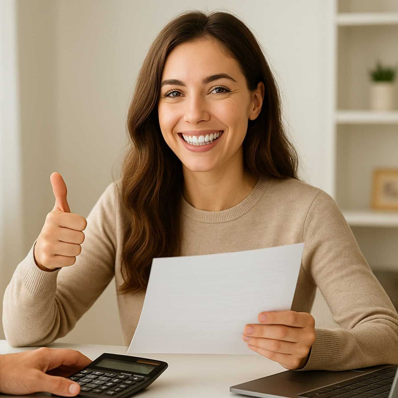 Woman with a big smile, holding paper, giving a thumbs up. Calculator and laptop are on desk.