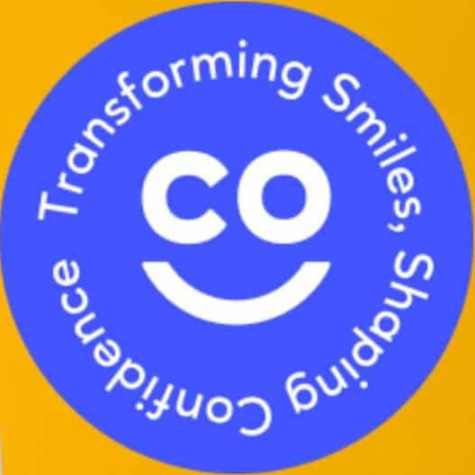 Blue circle with a smiling face and