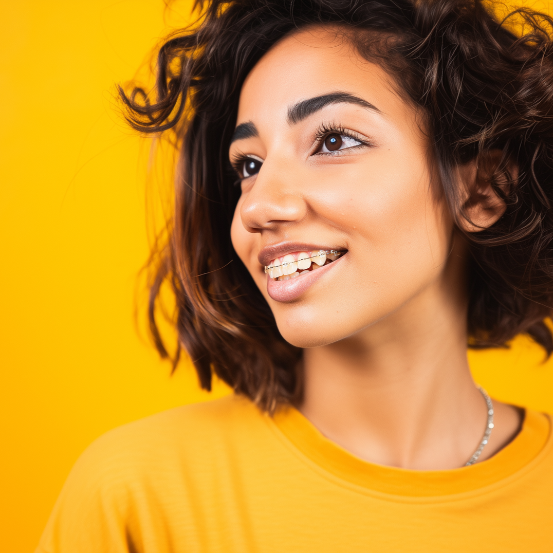 Woman with curly brown hair, wearing braces, smiling against a yellow backdrop.