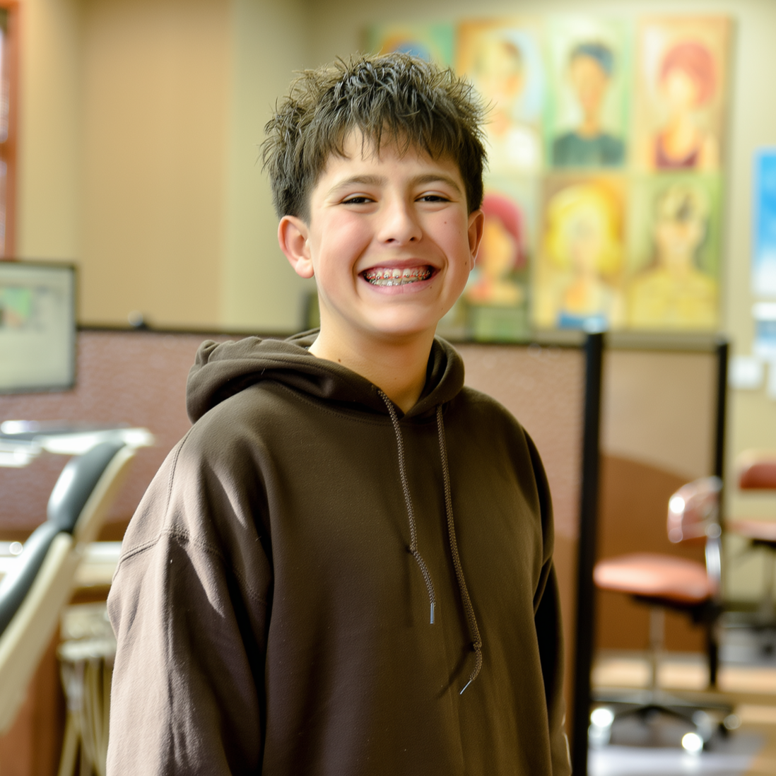 Boy with braces smiling in an orthodontist's office, wearing a brown hoodie.