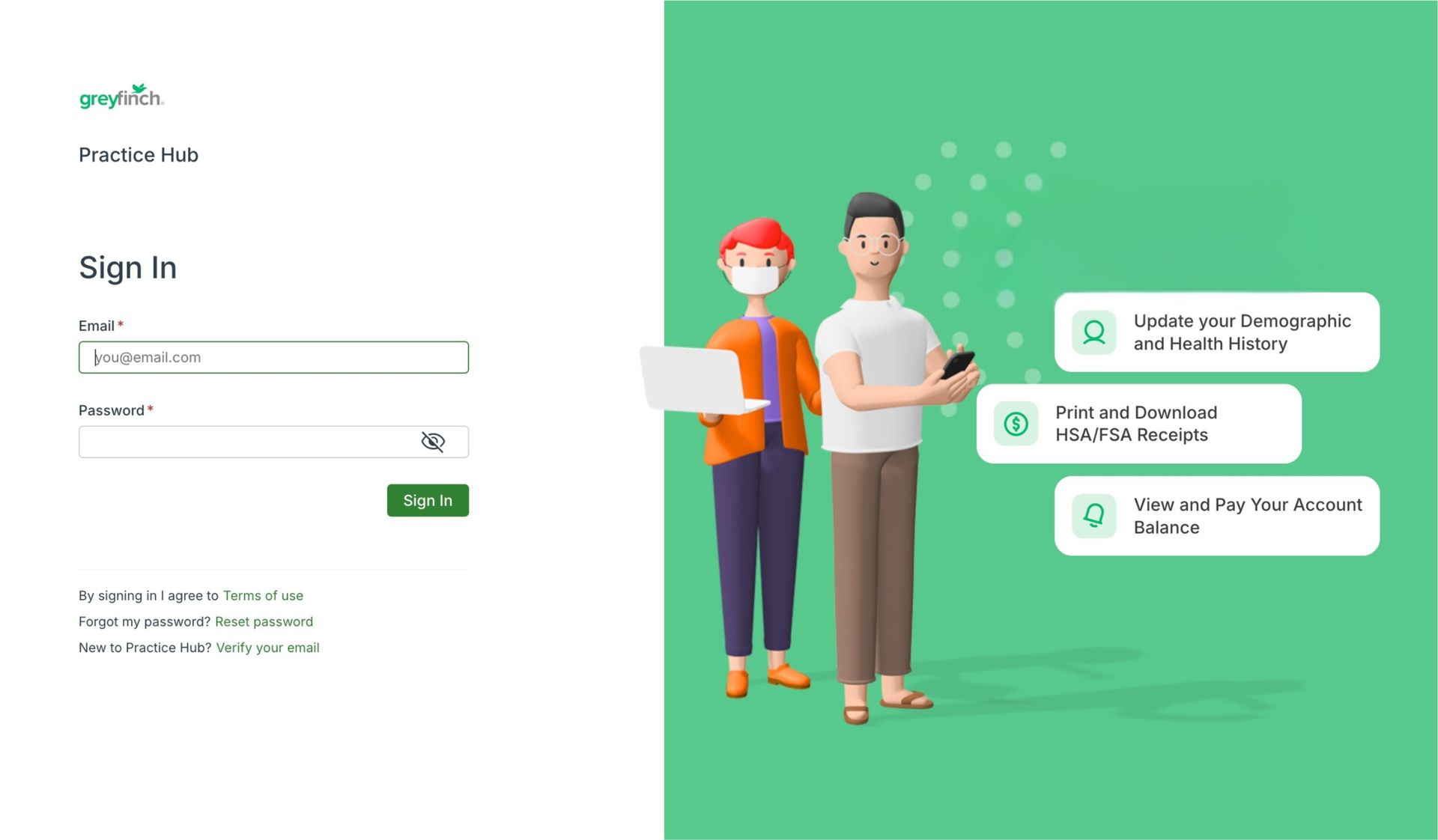 Greyfinch sign-in screen with email and password fields and patient account features
