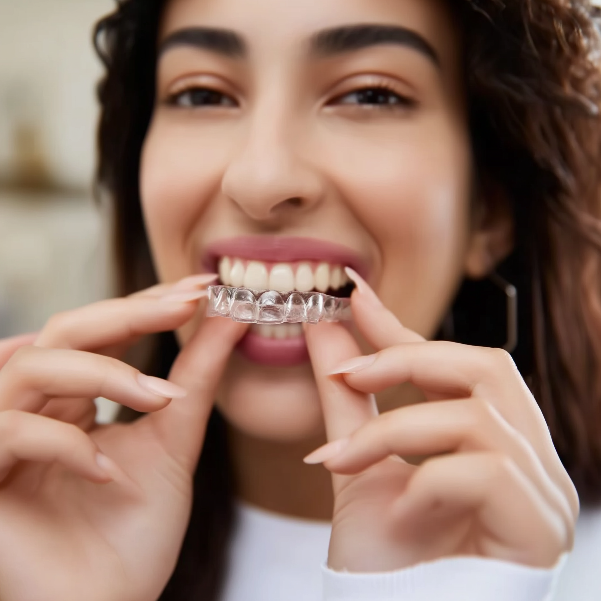 Woman holding clear aligners, smiling, indoors.