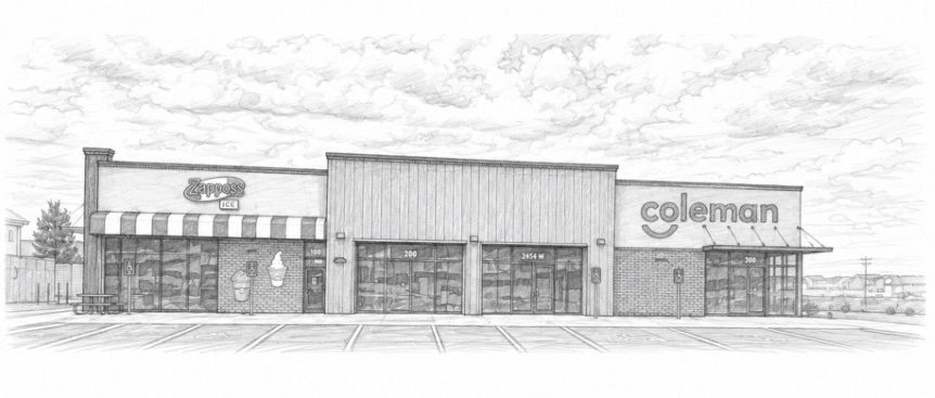Sketch of a Coleman store exterior with glass storefront and parking lot in front