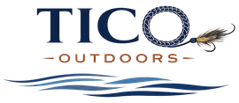 Tico Outdoors logo with blue text, tan accents, fly-fishing lure, and wave lines