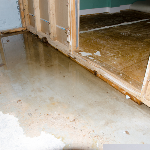 A room with a flooded floor and a door that is open