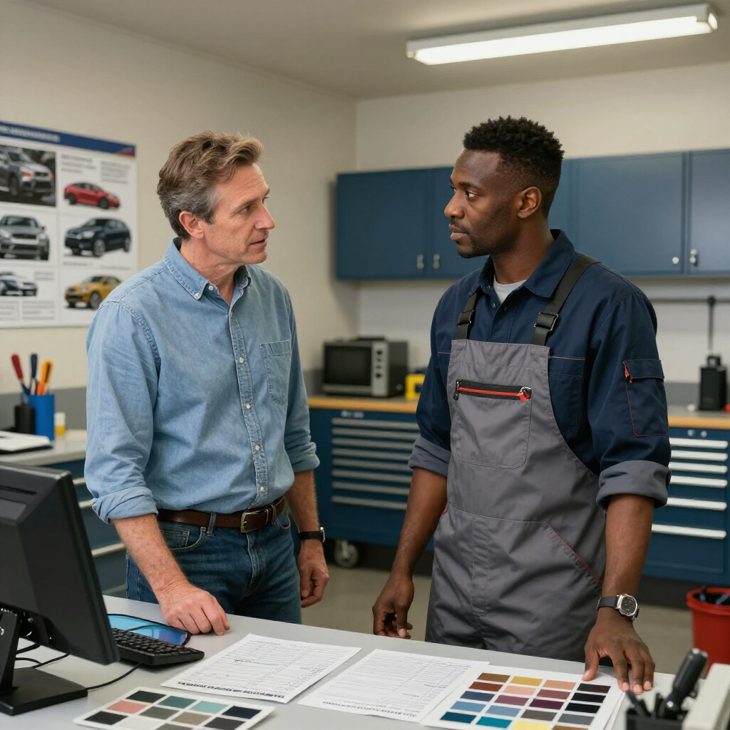Two professionals stand in a workshop discussing color samples spread across a desk, with vehicle posters on the wall.