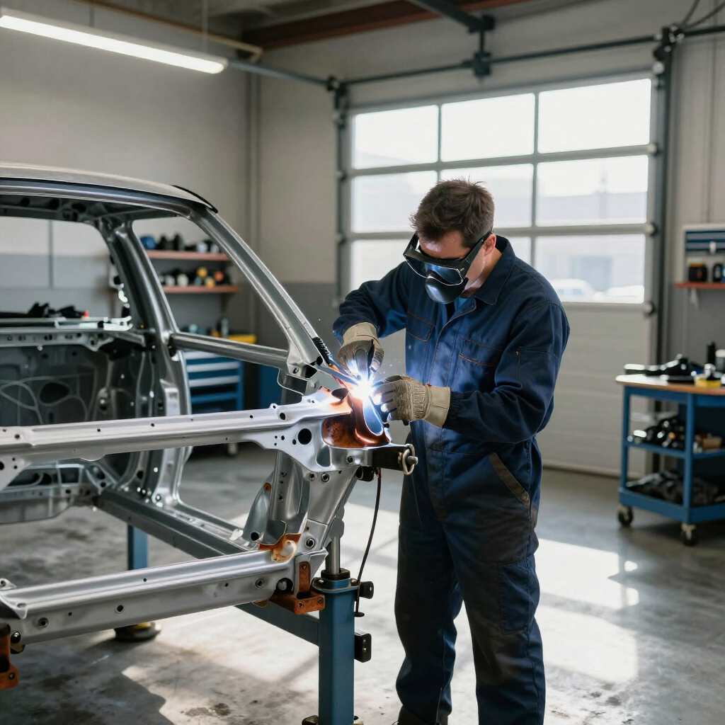 A worker in protective gear welds the metal frame of a car chassis in an auto shop.