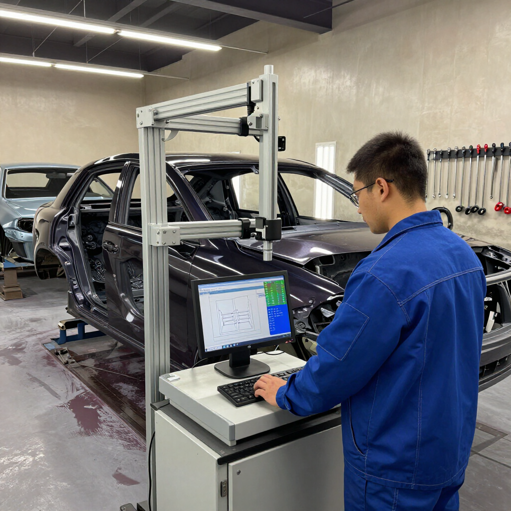 A person in blue workwear uses a computer and measurement arm to check the dimensions of a car body in a workshop.