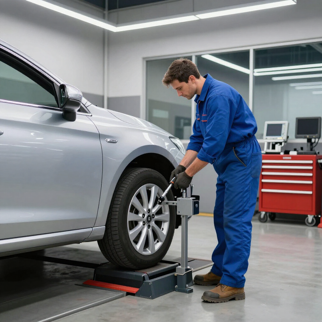 A mechanic in blue coveralls uses a specialized tool to check the wheel alignment of a silver car in a repair shop.