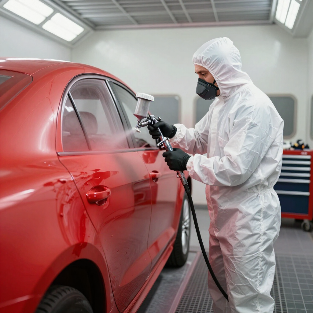 A worker in a white protective suit and mask uses a spray gun to paint a red car in a professional auto body shop.