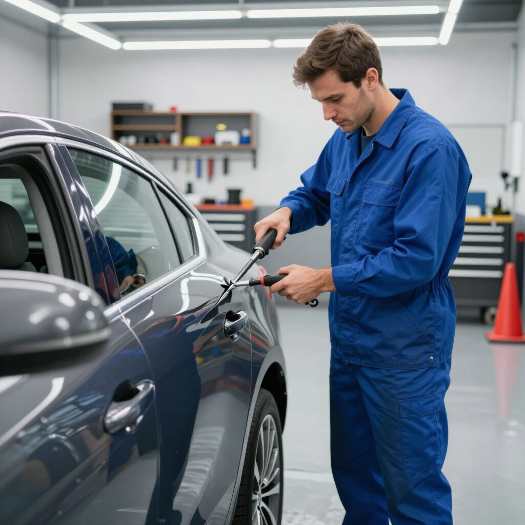 A technician in a blue uniform uses tools to repair a dent on the side of a grey car inside a garage.