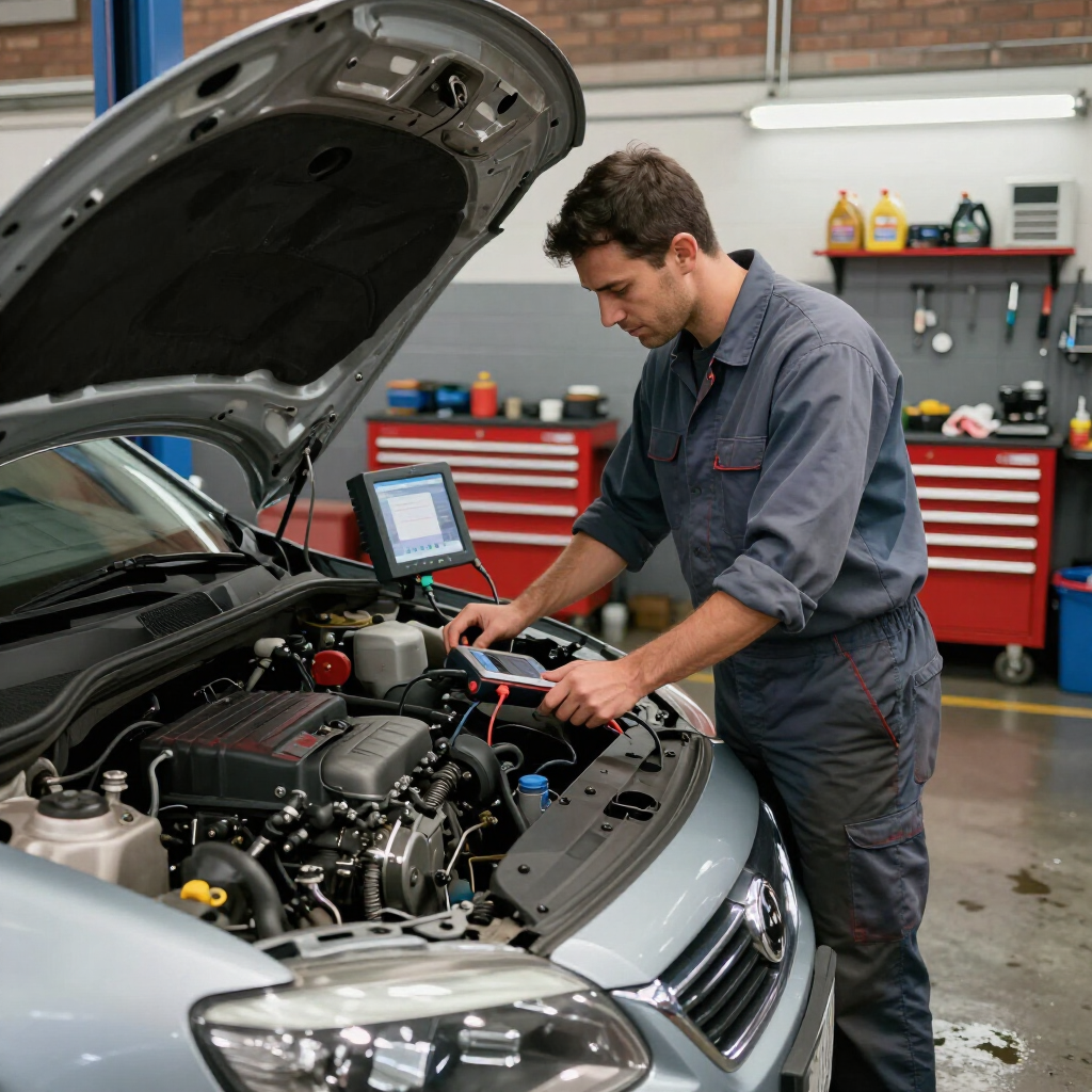 A mechanic in a garage uses a diagnostic tool to inspect the open engine bay of a silver car.