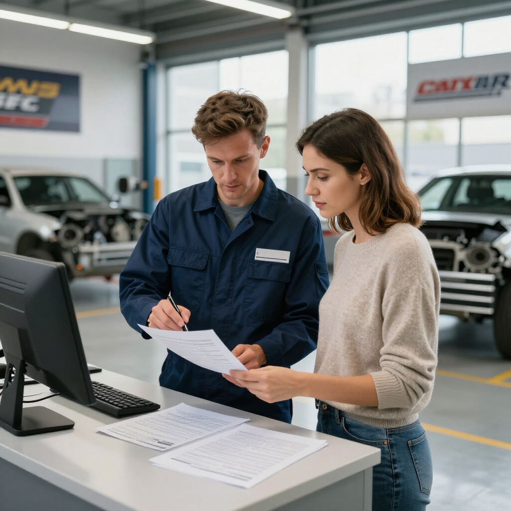 A mechanic in a blue uniform and a customer review paperwork together at a desk inside an auto repair shop.