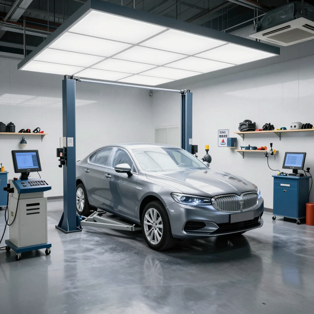 A silver BMW parked in a professional auto shop on a two-post hydraulic lift under a large, modern rectangular light.