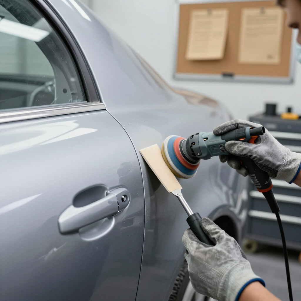 A person wearing gloves uses a rotary polisher to buff a scratch on the side of a silver car in a workshop.
