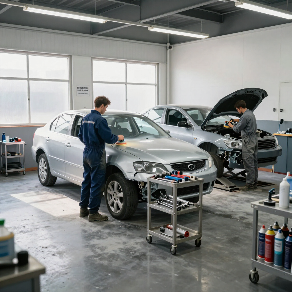 Two mechanics work on silver cars in a bright, industrial repair shop.