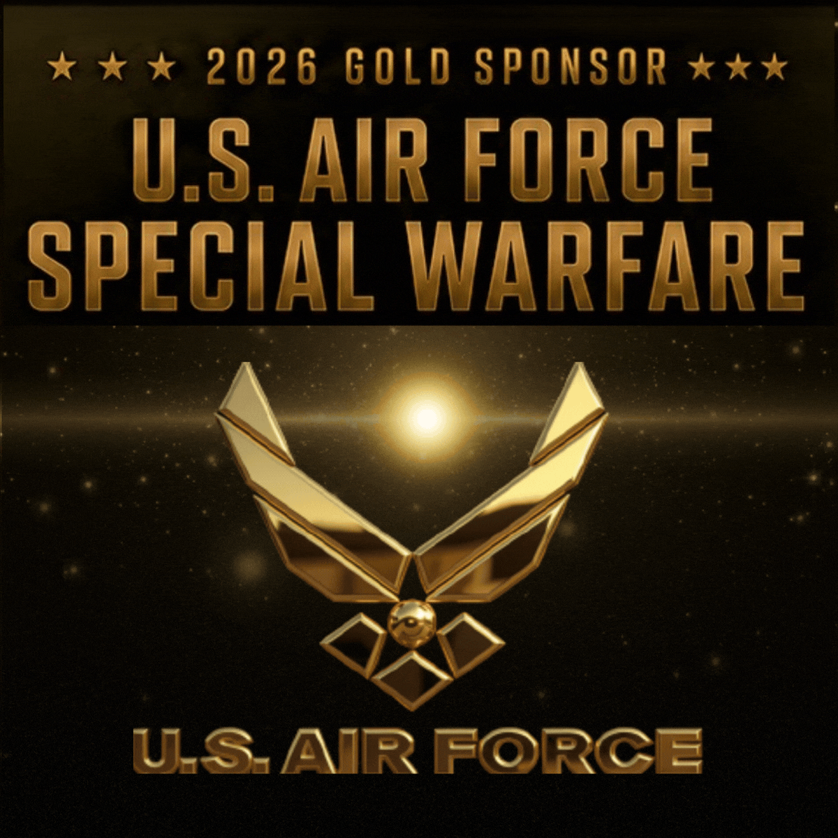 U.S. Air Force Special Warfare gold sponsor emblem with gold wings and text on a black background
