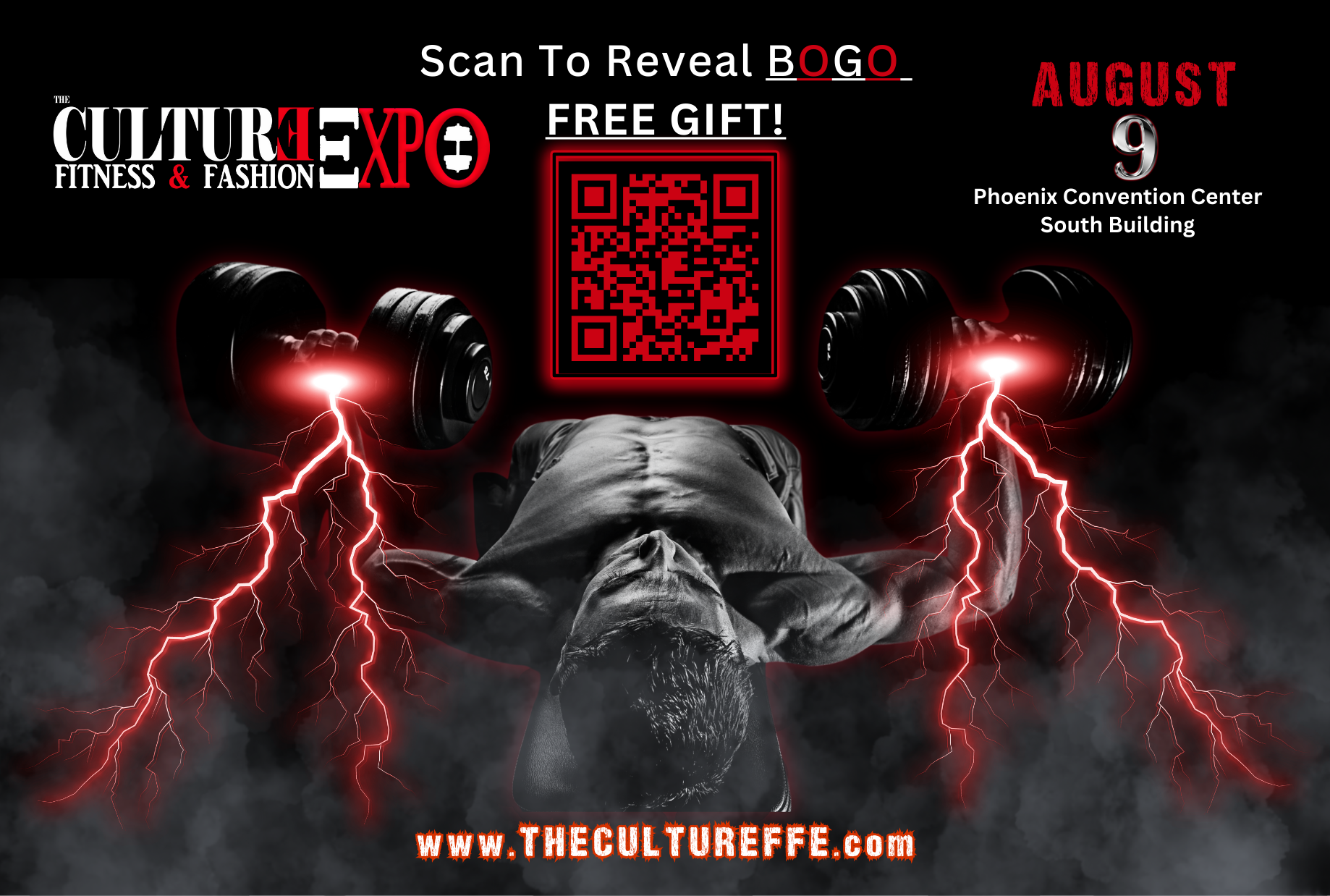 Dark promo poster with hooded figure, red lightning, QR code, and event date August 9