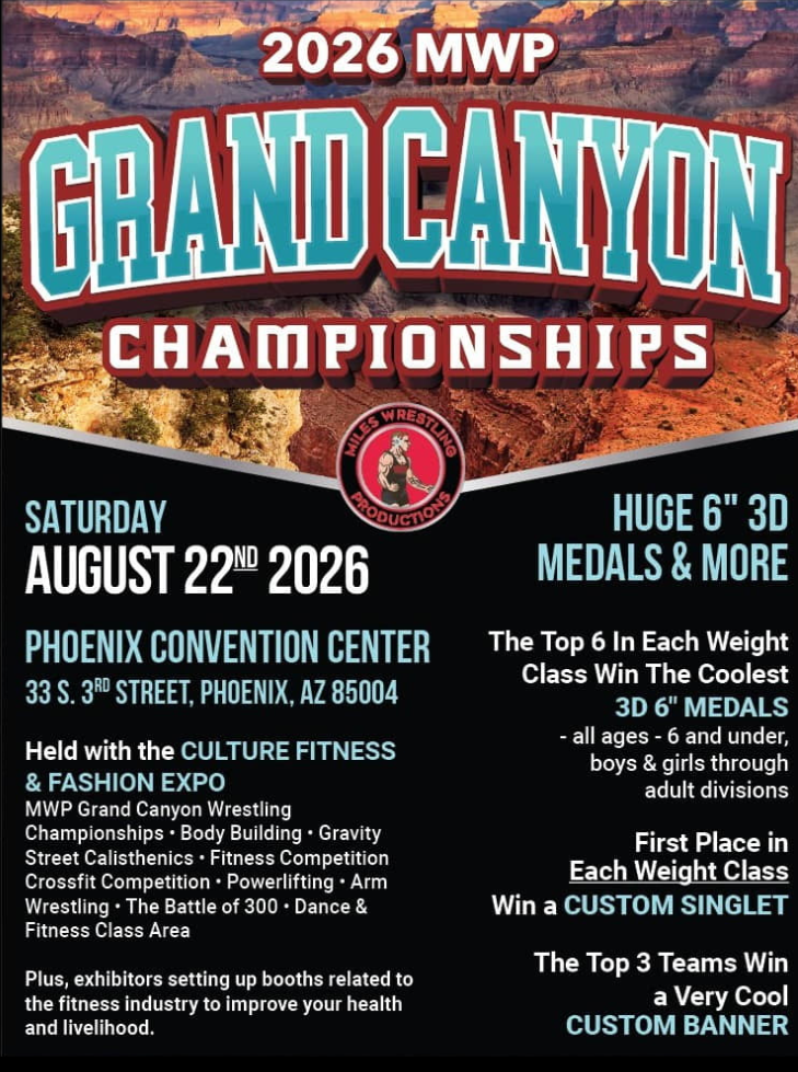 2026 MWP Grand Canyon Championships flyer with August 22 Phoenix Convention Center event details and medal classes