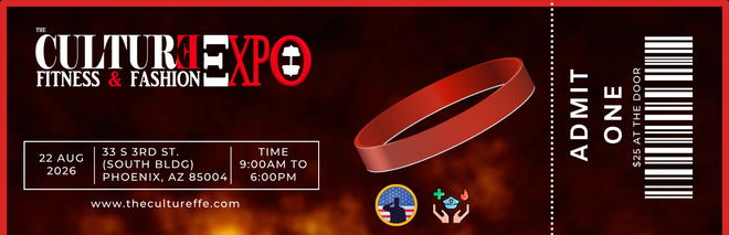 Red Culture Expo fitness and fashion event ticket with barcode and maroon background
