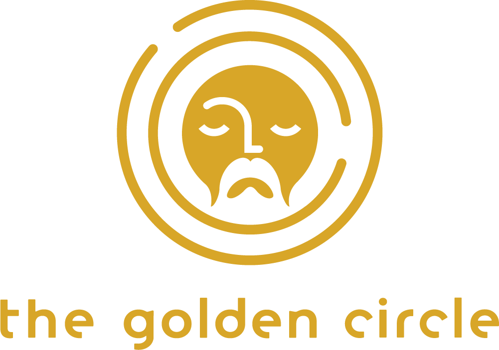 Gold circular logo with a stylized face and the words “the golden circle”