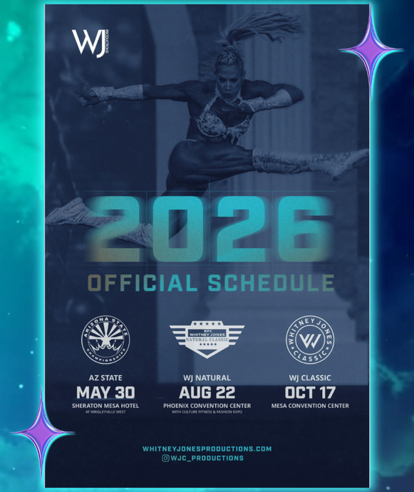 2026 official schedule poster with three event dates on a blue background and a silhouetted athlete