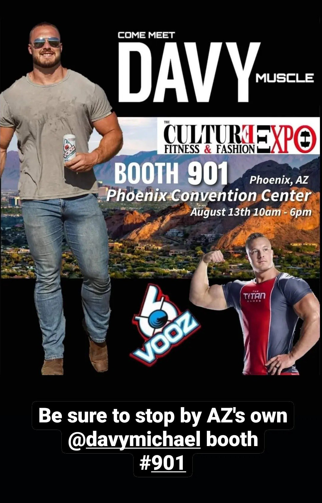 Promo poster for Davy Muscle at Culture Fitness Expo, Booth 901, Phoenix Convention Center, Aug 21-31, 2021.